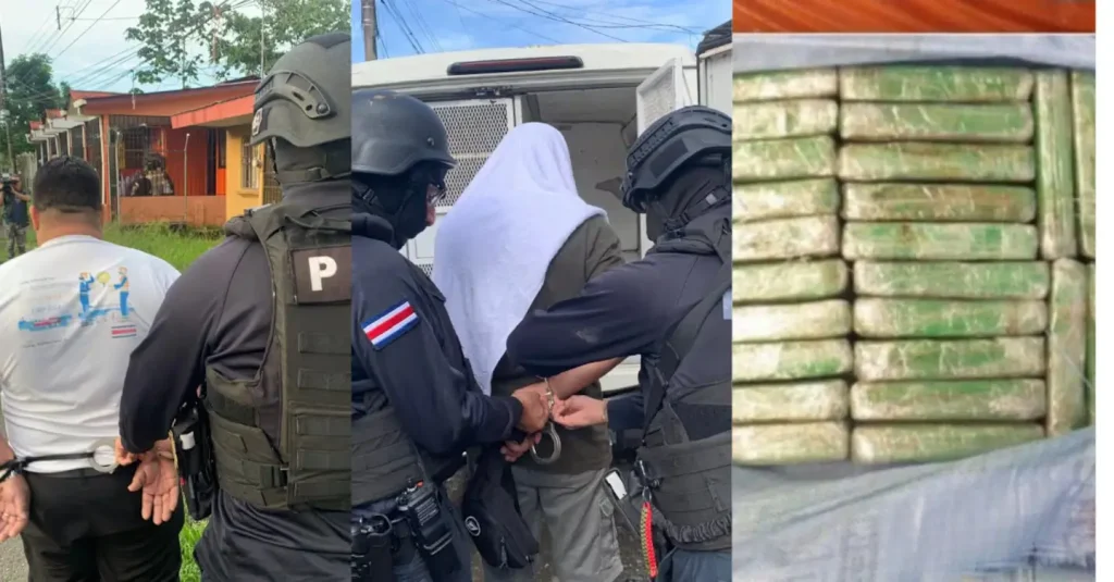 Dos de los detenidos este jueves en Limón y parte de la droga decomisada en Róterdam, en setiembre del 2022. (Fotos: PCD)